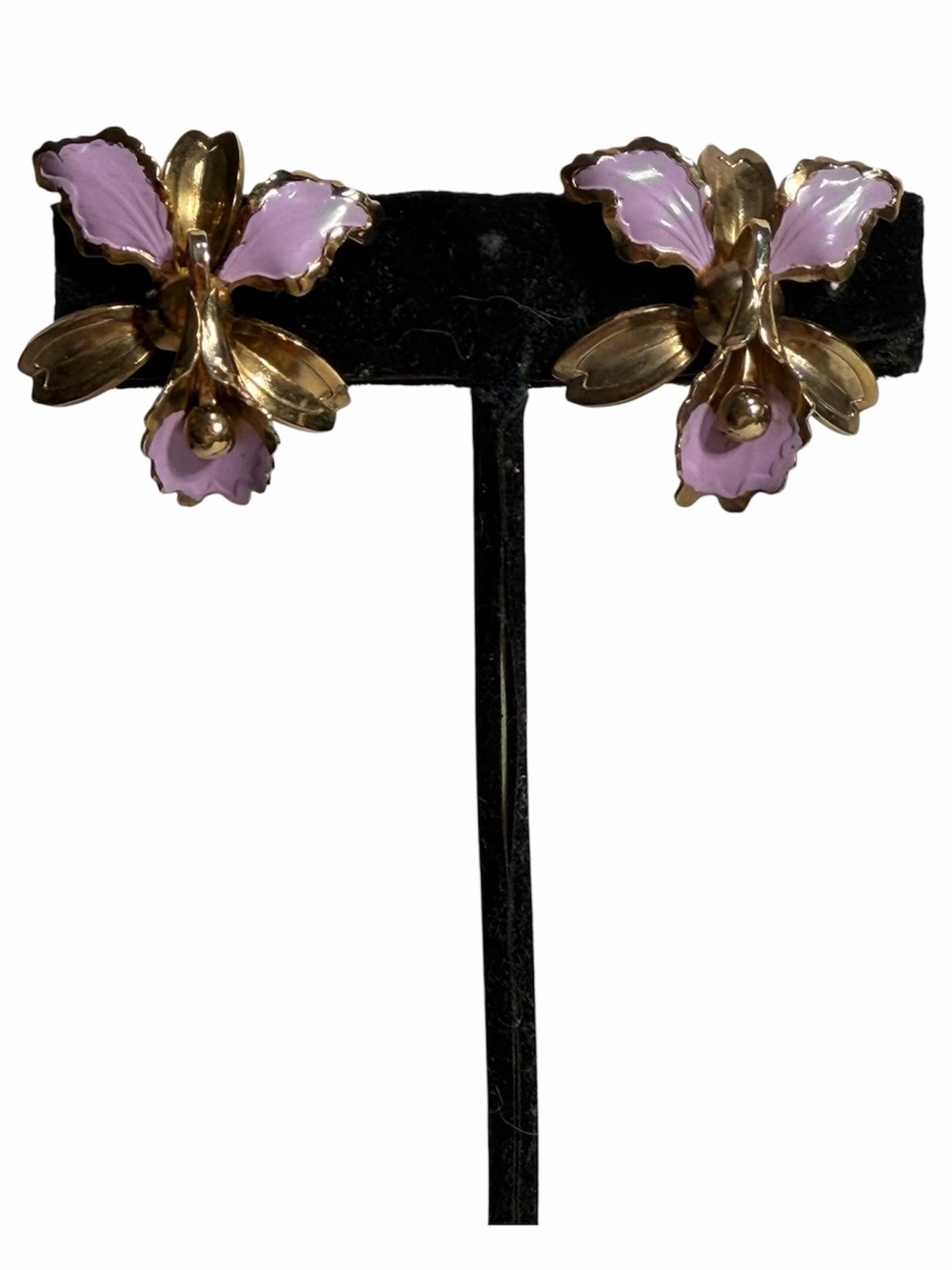 Orchid Flower Screw Back Earrings Vintage Lavender & Gold Dimensioal Feminine